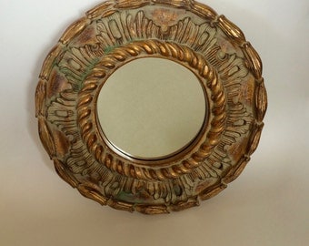 SALE! Round Wall Mirror Ornate Gold Framed Mirrors Carved Rustic Chic Mirror Vintage Round Mirror Gold & Verde Entry Mirror Vanity Mirrors