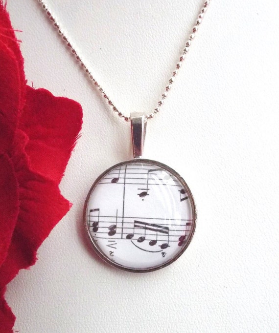 Music note necklace Silver sheet music pendant Glass dome gift