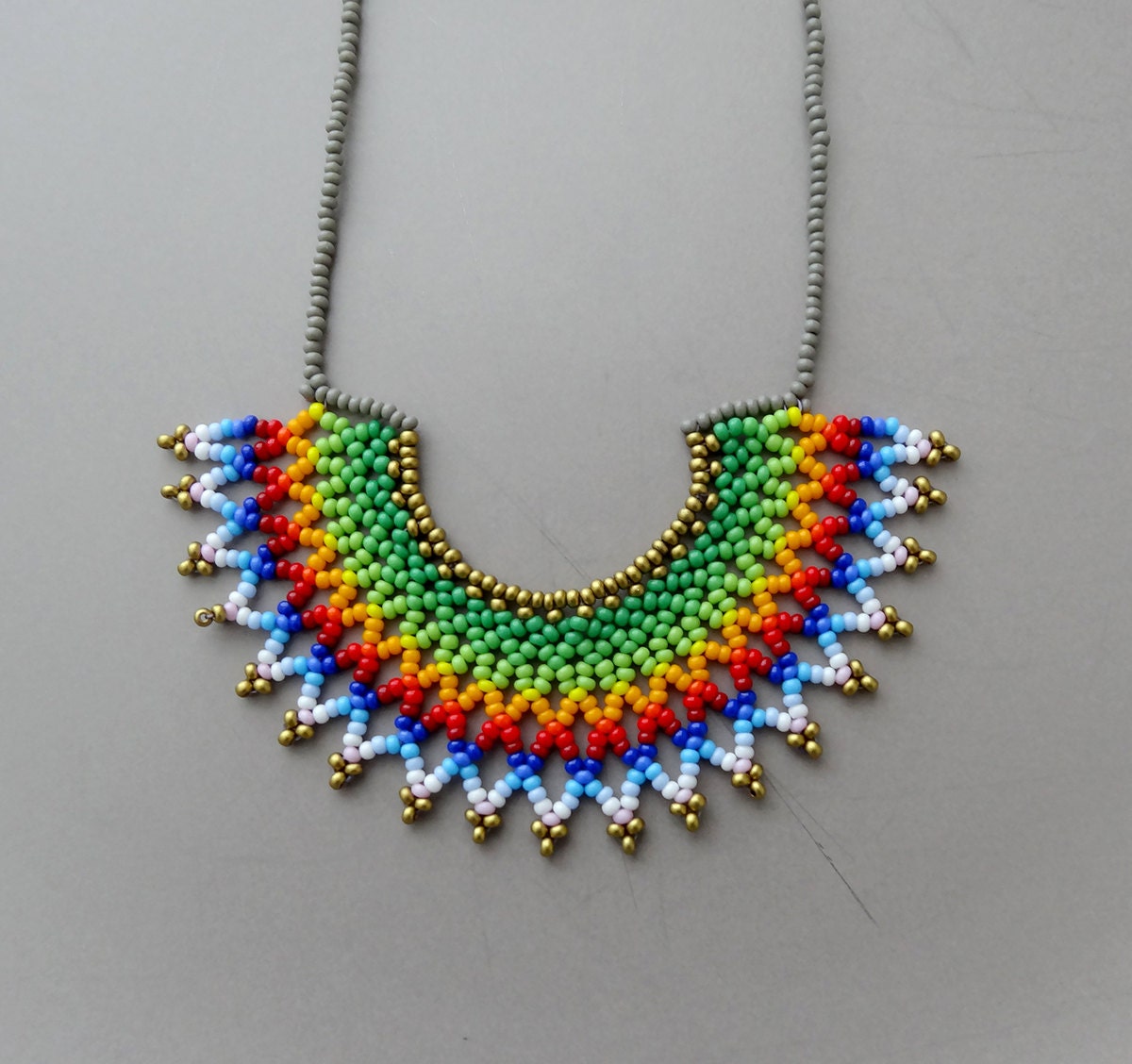 Peyote beaded Green Rainbow Mexican HALF MOON Necklace