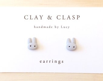 Grey bunny rabbit earrings - beautiful handmade polymer clay jewellery by Clay & Clasp