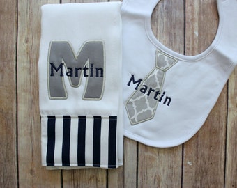 Baby Boy Burp Cloth Set - Monogrammed Burp Cloth Tie Bib, Grey Baby Gift, Personalized Baby Boy Gift, Navy Grey Baby Gift, Baby Shower