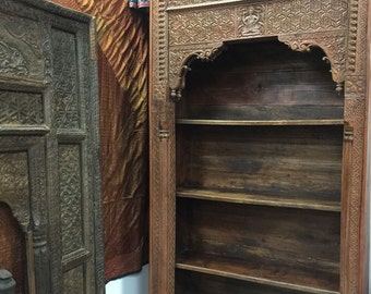 Antique Bookcase GANESHA Indian Hand Carved Wood Book Shelf Architectural Media Storage