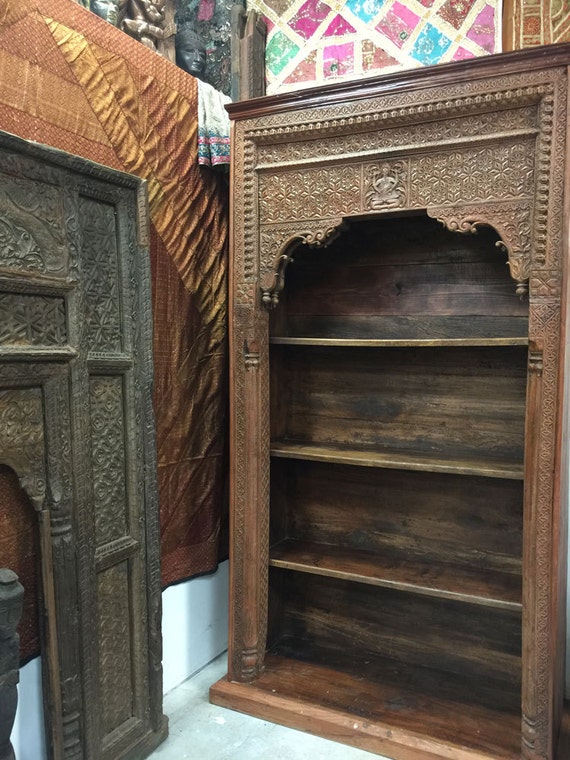 Antique Bookcase GANESHA Indian Hand Carved Wood Book Shelf