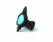Black Macrame Ring with Chrysocolla
