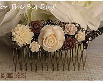 Sale - Ivory and Coffee Flower Hair Comb Wedding Cimb Bridal Comb Bridesmaid Comb Art Nouveau Style (HC20)