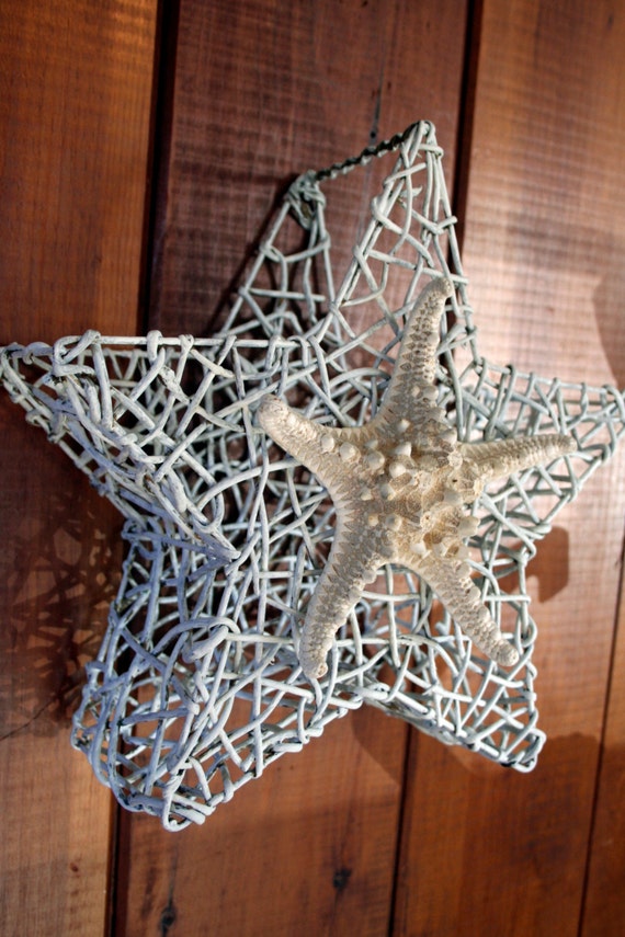 White Wicker starfish basket distressed looking