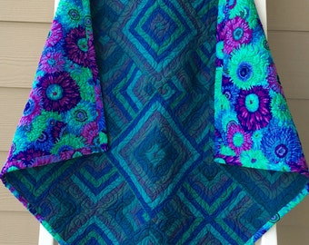 Ready to ship, patchwork quilt, Kaffe Fassett quilt, blue lap quilt, blue, green, purple quilt, modern lap quilt, floral and stripe quilt