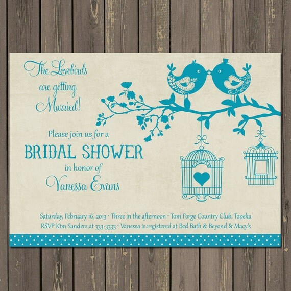 Bird Bridal Shower Invitation, Teal Lovebirds Bridal Shower Invitation, Birdcage Bridal Shower Invite, Bird Wedding Shower Il_570xn