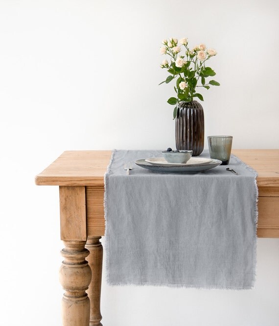 Light Grey Stone Washed Linen Table Runner With Fringes