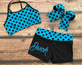 Girls Dance Top and Shorts,Girls Dancewear,Dancewear,Dance Outfit,Dance Bow,Cheer Bow,Dance Top,Cheer Outfit,Girls Cheer Top and Shorts