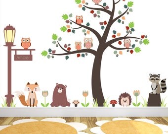 Woodland Nursery Wall Decal. Autumn Critters, Forest animals, Tree Mural. Baby personalised wall stickers, kids fall, Fairytale creatures