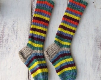 Knit Wool Socks Hand Knit Mens Grey White by ...