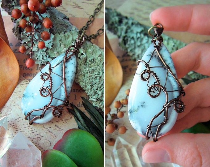 Wire wrapped necklace "Foggy River" with gorgeous smooth large Dentritic Opal. Custom chain length.