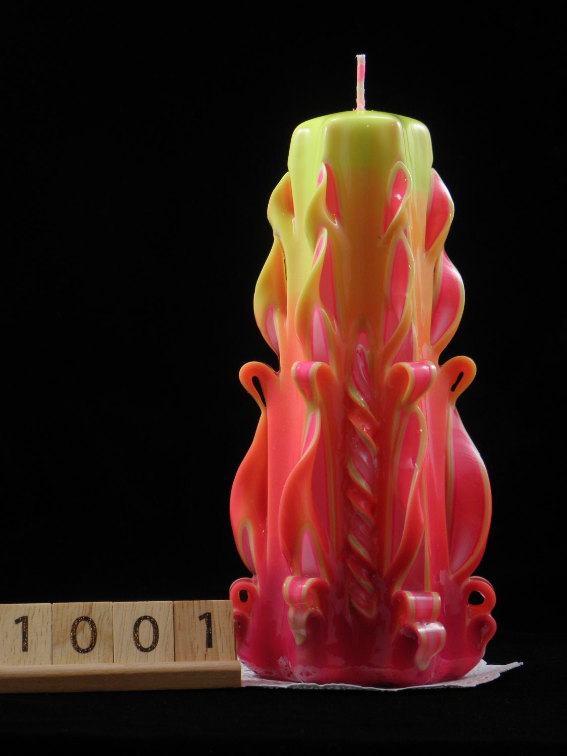 Hand Carved Candle Neon Yellow and Neon Pink Candle LED