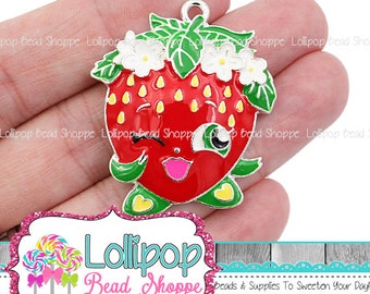 36mm Strawberry Pendant, Red Berry Charm, Fruit Charm, Bubblegum Beads, Silver & Enamel Chunky Necklace Pendant, Party Favors, EAP5