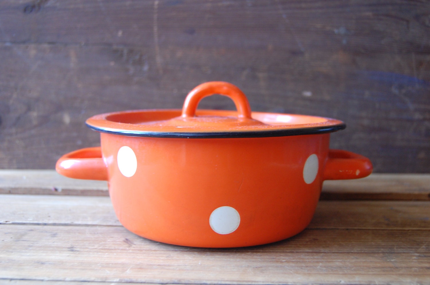 Vintage polka dot enamel pot Orange enamel pan by TallinnVintage