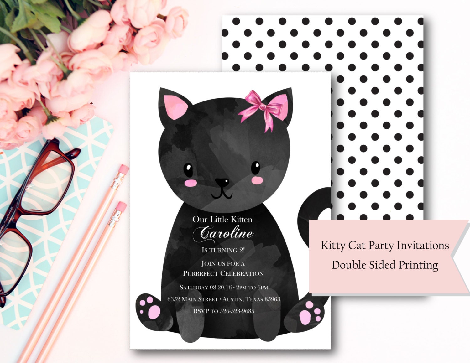 Cat Birthday Party Invitation Set of 12 by SweetCarolinesStudio