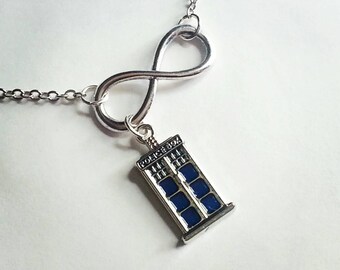 Doctor who Tardis Police Box and Infinity Necklace, Whovian, Blue Tardis
