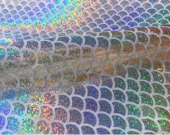 MERMAID Scale Fabric Fish Tale Foil - No Stretch Jersey Material - 112cm wide - Silver Hologram Scales on White
