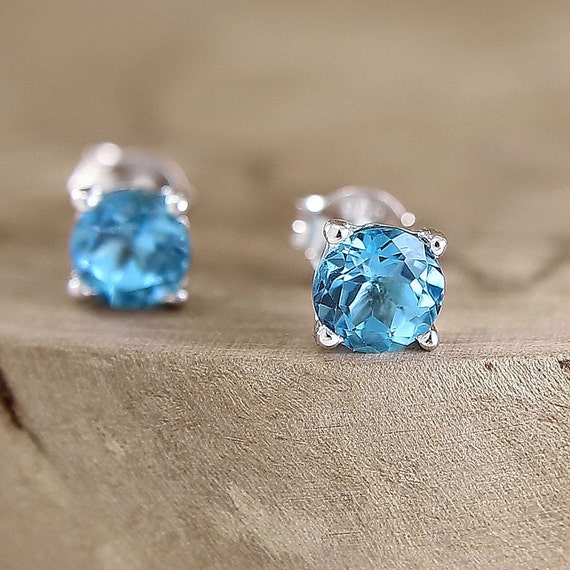 Blue topaz stud earrings Sterling silver 6 mm gemstone studs