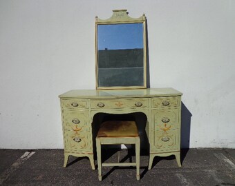 3PC Vanity Desk Antique Shabby Chic Desk Bench Mirror Table Storage Country French Bedroom Set Table Painted Chalk Paint CUSTOM PAINT AVAIL