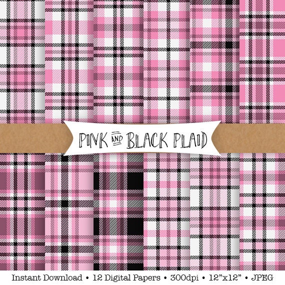 Download Pink Black Plaid Digital Paper Instant Download 12 Plaid