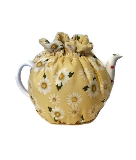 Teapot Cozy tea warmer White Flowers with leaves on tan for