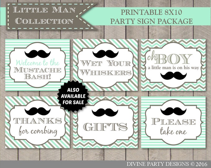 SALE INSTANT DOWNLOAD Printable Little Man Mustache Mint and Grey Water Bottle Labels / Wrappers / Little Man Collection / Item #1306