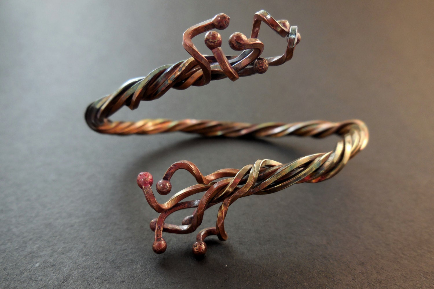 Twisted copper wire bracelet with heat patina