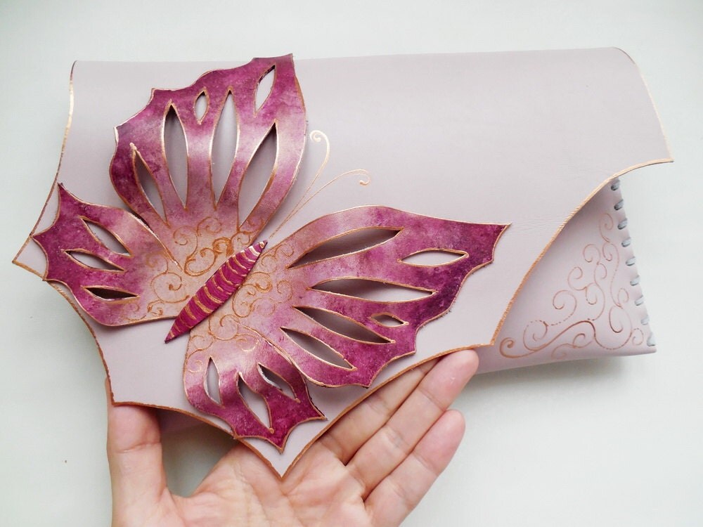 Pink butterfly purse Bridesmaid butterfly clutch Painted