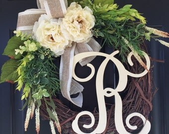 Everyday Wreath - Spring Wreath- Shabby Chic Wreath-Country Cream Peony Wreath - Wreaths- Monogrammed Wreath-Wreath-Summer Wreath - Gifts