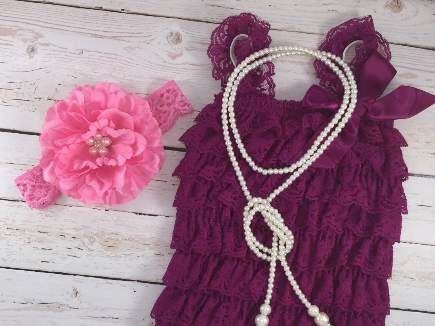 3 pc SET light pink/ plum Romper Baby Girl Rompers Lace