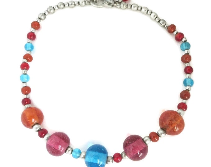 Pink & Blue Glass Bead Necklace, Vintage Chunky Pink Blue Orange Silvertone Bead Necklace