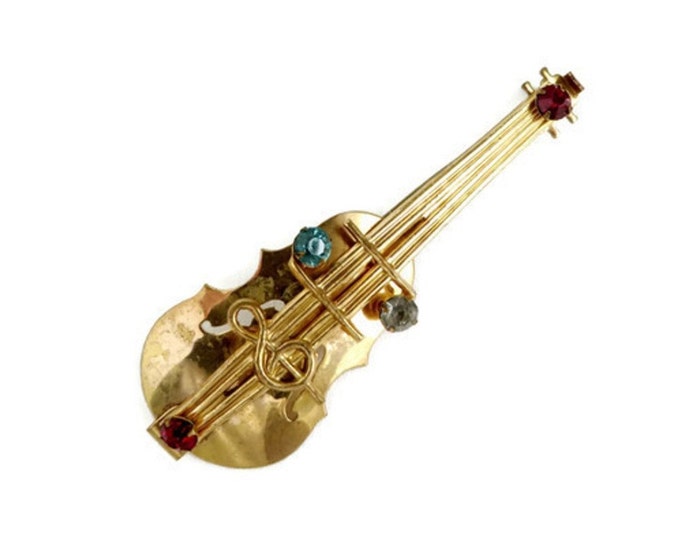 Vintage Brooch - Gold Tone Violin Brooch, Rhinestone Studded Musical Instrument Pin
