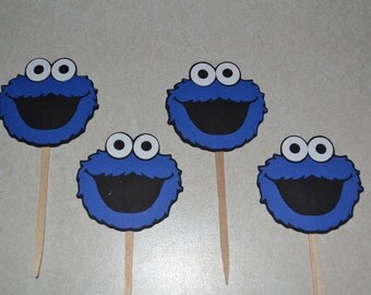 Cookie Monster Inspired Cupcake Picks - Set of 12 - Birthday Party