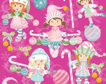 Christmas Clipart, Shabby Chic Christmas Girl Elves Clipart, Christmas Elves Clipart, Commercial Use, Instant Download, AMB-994