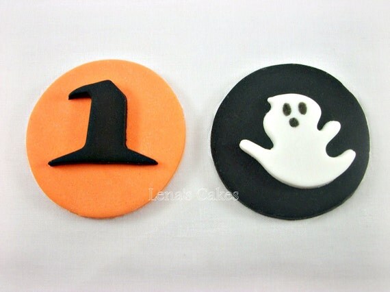 Halloween Cupcake Topper,Fondant Edible Cake Toppers,Party Decor,Ghost Witch Hat, Spooky Scary Birthday,Cupcake Decor,Orange Black - set 12 Il_570xn