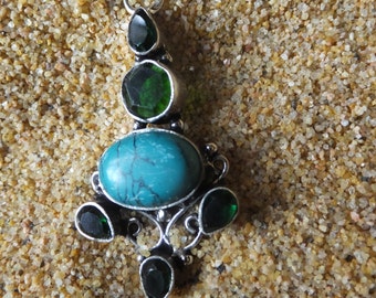 Emerald Green Topaz and Turquoise Pendant with Sterling Silver Chain