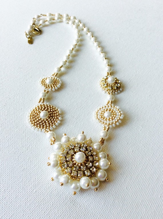 Gold Bead Embroidered necklace with pearls and rhinestones
