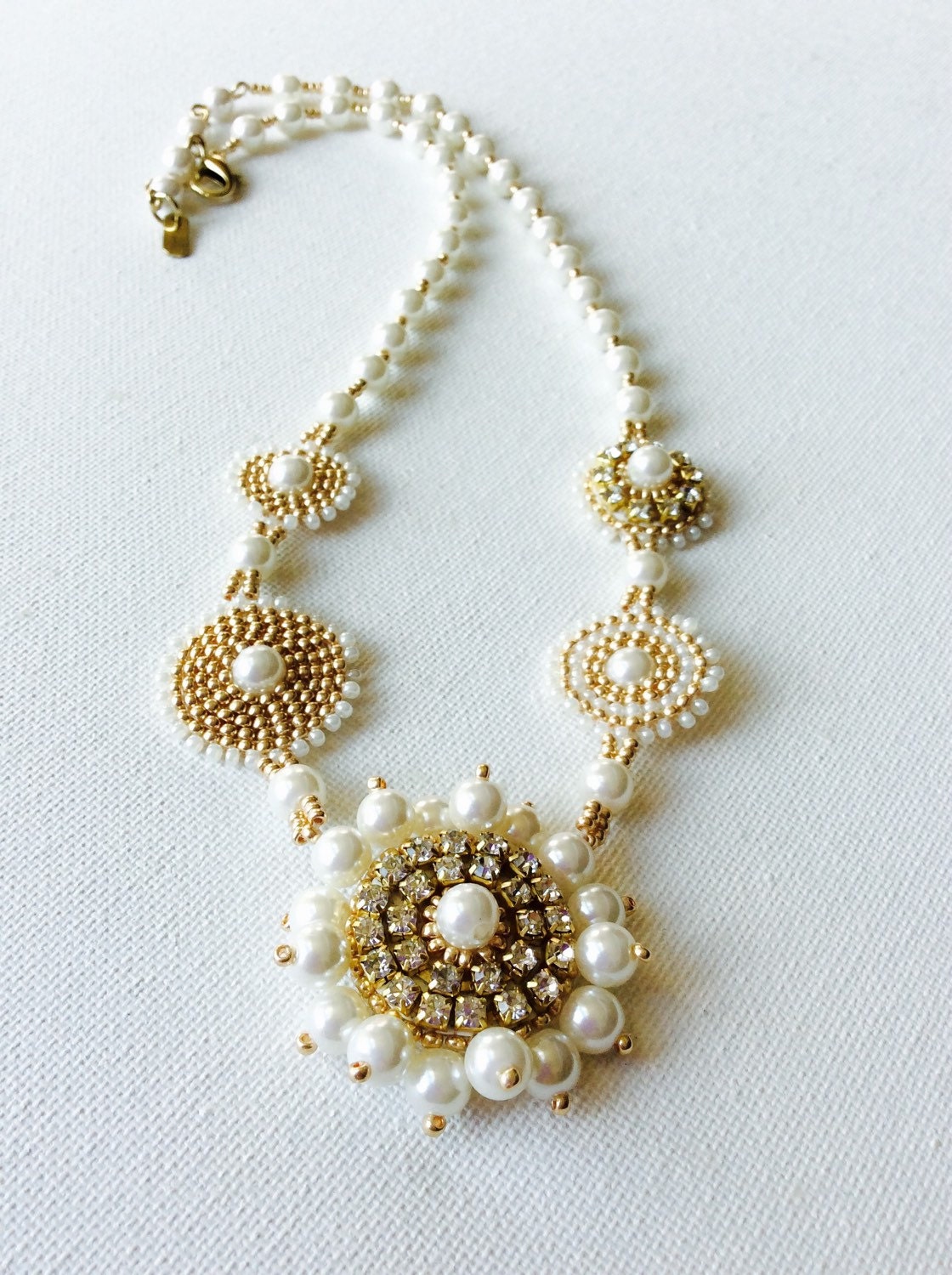 Gold Bead Embroidered necklace with pearls and rhinestones