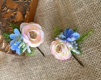Peach wedding hair pins, peach and blue hair pins, peach hair accessory, peach flower hair pins, wedding hair accessory, flower hair pins