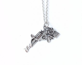 Guns and Roses Silver Necklace,Guns n Roses Necklace,Gun Rose Necklace,Gun Necklace,guns n roses