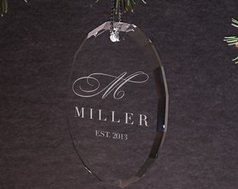 Personalized Christmas Ornament - Oval Optic Crystal Ornament with Couple's Monogram Design Options & Font List with OPTIONAL Gift Wrap