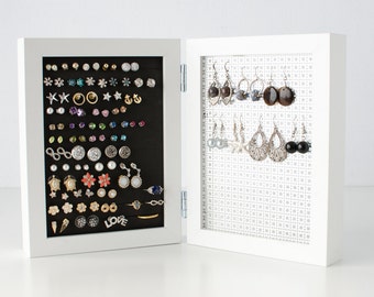 Double Framed Earring Holder - White 5x7 Frame - Jewelry Display - Hook & Stud Earring Organizer