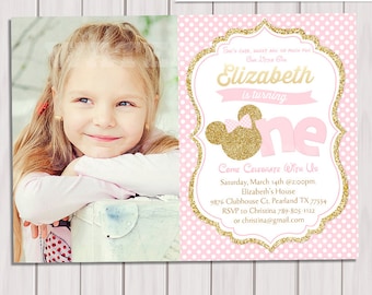 Pink and Gold Minnie Mouse First Birthday Party Invitation, Photo 1st Birthday, Gold Glitter, Polka Dot invite, Girl, Printable Invitation