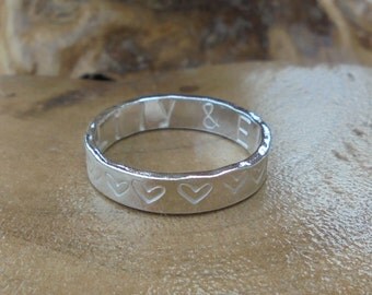 Personalised solid sterling silver ring hammered, dandelion or heart print, designed & handmade in UK