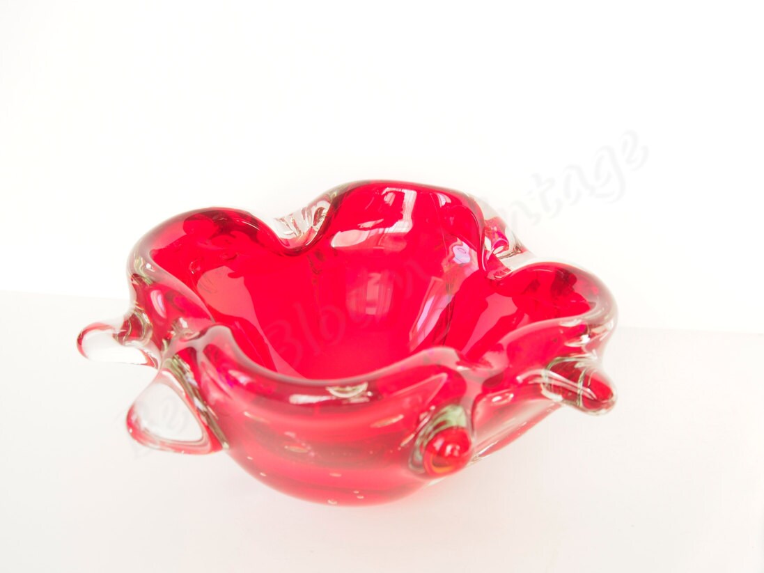 Vintage Murano Bowl Red Clear Glass Heavy Thick Italian coffee