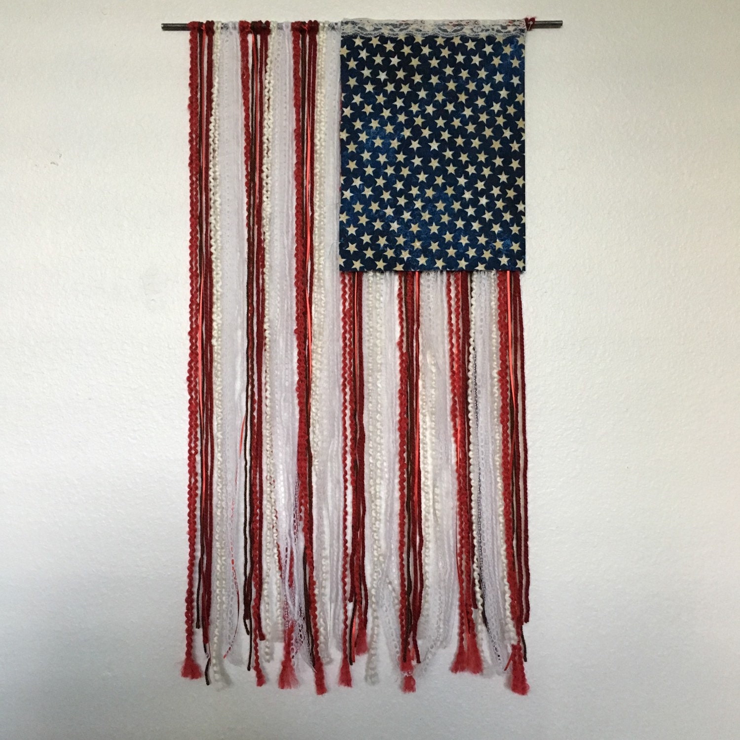 MEDIUM RUSTIC American Flag with yarn ribbon lace & denim