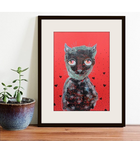 Items similar to Black Cat Art Print Quirky Nursery Art Decor Red ...