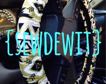 Steering Wheel Cover Black Gold & White Tribal Aztec Native American Indian Cute Trendy Girly Car Accessories